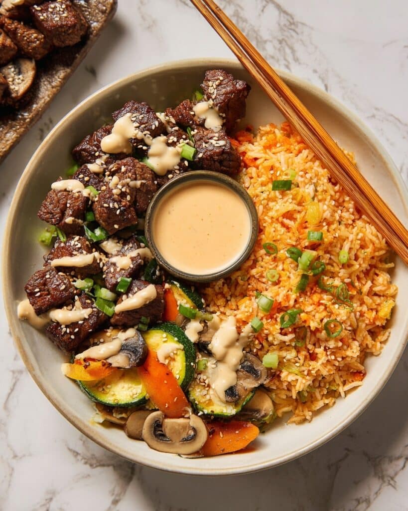 Hibachi Steak Bowls with Garlic Vegetables and Teriyaki Sauce Recipe