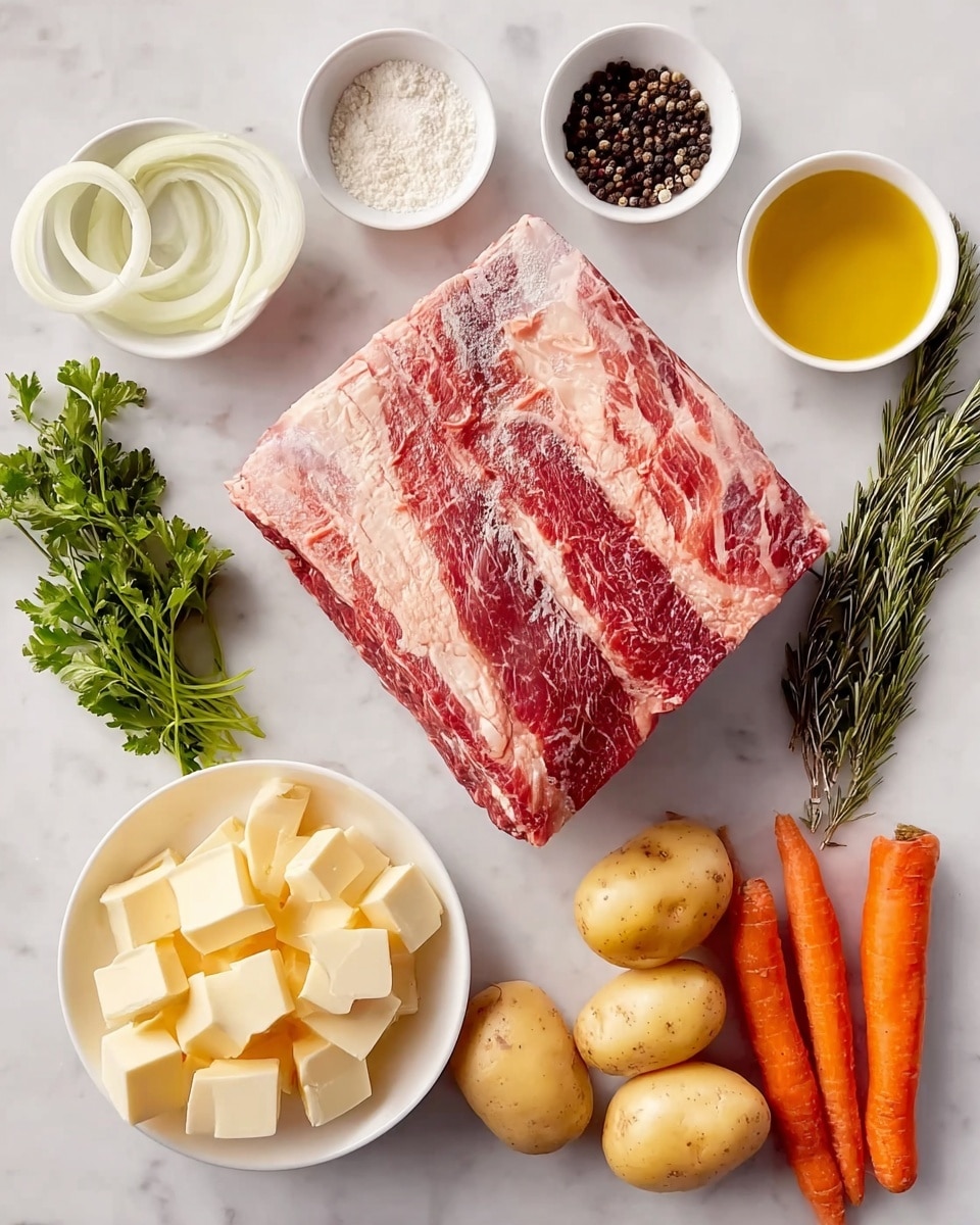 The image shows a large piece of raw marbled meat placed in the center on a white marbled surface, with its red and white fat streaks clearly visible. Surrounding the meat are several small white bowls containing different ingredients: thin white onion rings at the top left, black peppercorns at the top center, and yellow olive oil at the top right. To the right of the meat are three whole orange carrots and a cluster of five small round white potatoes. Below the meat to the left is a white bowl filled with several cubes of pale yellow butter. Next to it, a small white bowl holds white flour, and a similar bowl to the right of the vegetables contains coarse sea salt. Fresh green herbs, including parsley and sprigs of rosemary, are placed at the bottom left and near the flour and salt bowls, adding a fresh touch. The entire setup is neatly arranged on a smooth white marbled surface. photo taken with an iphone --ar 4:5 --v 7