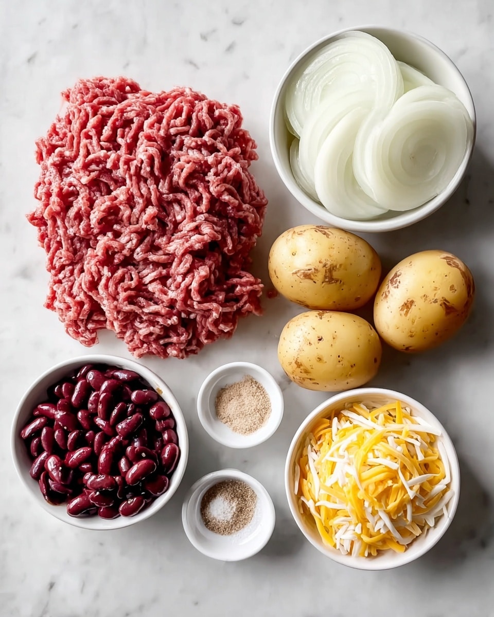 The image shows six items on a white marbled surface, arranged in a neat layout. In the center-left is a large pile of raw ground meat with a mix of red and white colors, showing a textured, stringy pattern. Above the meat, there is a white bowl filled with sliced white onions, appearing translucent and layered. To the right of the onions, there are three whole potatoes with yellowish-brown skin and natural spots, placed close together. Below the potatoes, two small white bowls contain seasonings: one with a fine, light brown powder and the other with a white granular substance. At the bottom left, a white bowl holds dark red kidney beans that have a shiny surface, while next to it on the bottom right, another white bowl contains shredded yellow and white cheese strands mixed together. The photo taken with an iphone --ar 4:5 --v 7