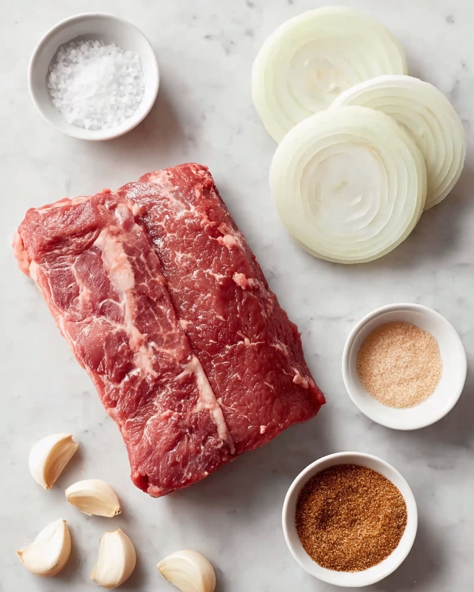 A raw piece of marbled red meat is placed in the center on a white marbled surface. To the top right, there are four thick white onion slices stacked lightly overlapping. Around the meat, there are three small white bowls: one at the top left filled with white salt crystals, one below the onions filled with beige powdered seasoning, and one at the bottom right filled with brown powdered seasoning. Near the bottom left corner, there are four peeled garlic cloves randomly placed. The whole scene is clean and bright. photo taken with an iphone --ar 4:5 --v 7