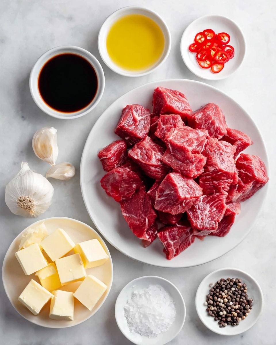 The image shows a white plate filled with raw beef chunks that are red with slight white marbling, stacked in the center. Around the plate, smaller white bowls hold different ingredients: dark soy sauce in one bowl, yellow oil in another, a pile of small red chili slices, coarse white salt, and whole black and white peppercorns. Two garlic cloves, one whole and one peeled, rest directly on the white marbled surface near the top left of the plate. Next to the beef, a white plate shows eight cubes of pale yellow butter arranged neatly. The setting is on a white marbled surface, with everything clean and bright, photo taken with an iphone --ar 4:5 --v 7