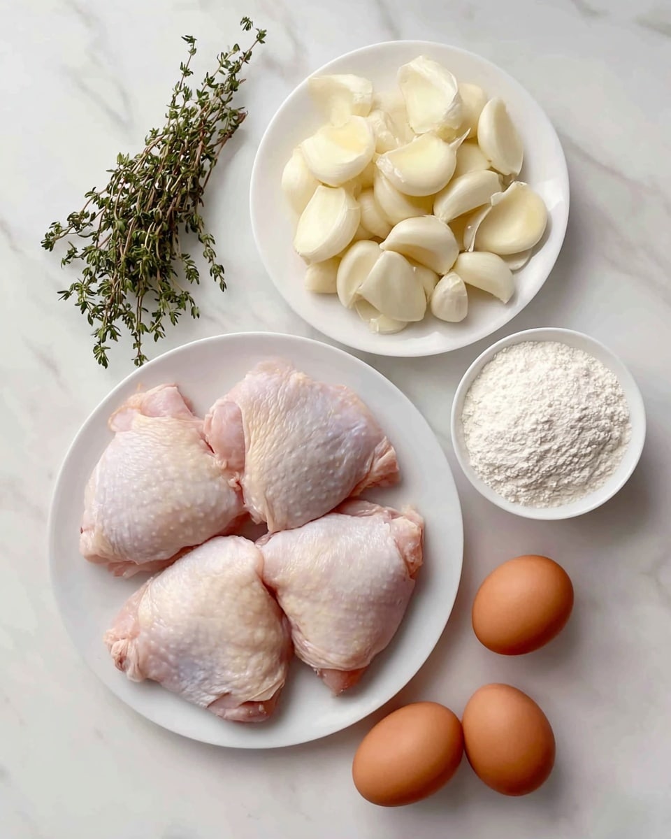 The image shows five raw chicken thighs with pale skin tightly placed on a round white plate at the bottom center. Above this plate, slightly to the left, a round white plate is filled with many peeled garlic cloves, creamy in color with smooth texture, sitting next to a small bunch of fresh thyme sprigs with tiny green leaves. To the right of the garlic plate, there is a small white bowl containing fine white flour. Below this bowl and to the right are three raw brown eggs with smooth shells arranged close together on a white marbled surface. All items are laid out neatly and evenly spaced. Photo taken with an iphone --ar 4:5 --v 7