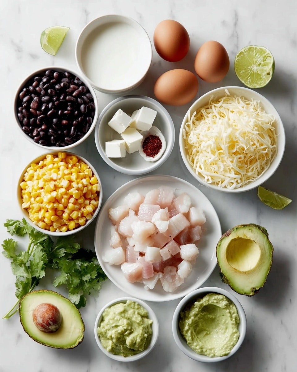 The image shows several white bowls and plates arranged on a white marbled surface, each filled with different ingredients. Starting from the top left, there is a white bowl with dark black beans, next to two brown eggs, and a white bowl with a smooth white sauce or cream. Below, there is a small white bowl filled with dark red powder and another with white cubed cheese. The center features a white plate holding raw pale pink diced fish pieces. Surrounding it are a white bowl full of yellow corn kernels, a bowl piled with shredded pale yellow cheese, and another bowl of green avocado cream. The bottom left has some fresh green cilantro, two lime halves (one whole, one sliced), and two halves of an avocado with light green flesh and brown pit in one half. The overall layout is neat with a variety of colors and textures, all set on a clean white marbled surface. photo taken with an iphone --ar 4:5 --v 7