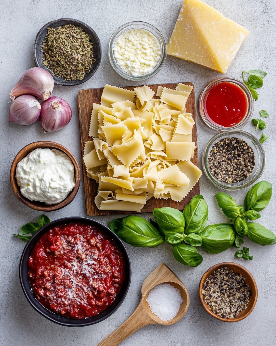 A close-up view of a lasagna in a silver pan on a white marbled surface, showing multiple layers: at the bottom, a rich deep red tomato meat sauce with visible ground meat, followed by wavy, curled pasta sheets in golden-yellow color soaked in sauce, topped with creamy white ricotta cheese and melted mozzarella cheese with light golden brown spots and some green herb sprinkles. A wooden spoon lifts a portion with melted cheese strings stretching from the pan, showing the textured meat sauce and soft pasta layers. In the background, there are white marbled tiles and blurred dark plates stacked with silver forks resting on top, along with small bowls with spices. photo taken with an iphone --ar 4:5 --v 7