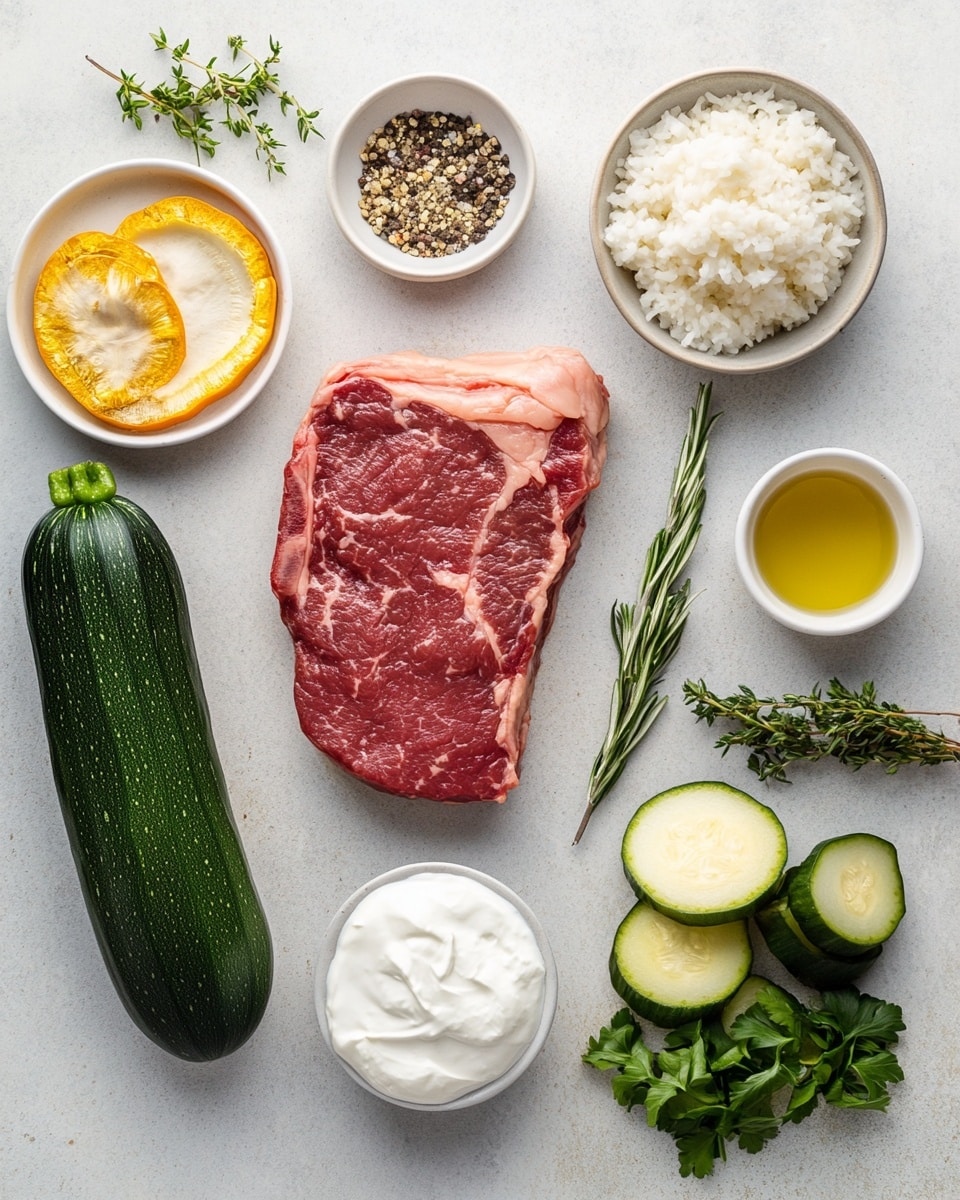 A bowl with one layer of white rice at the bottom, topped with grilled slices of pink and brown steak arranged on one side, covered in white creamy sauce with green herbs, and next to it, several pieces of grilled yellow and green zucchini with a slightly charred texture, all on a white marbled surface. Photo taken with an iphone --ar 4:5 --v 7