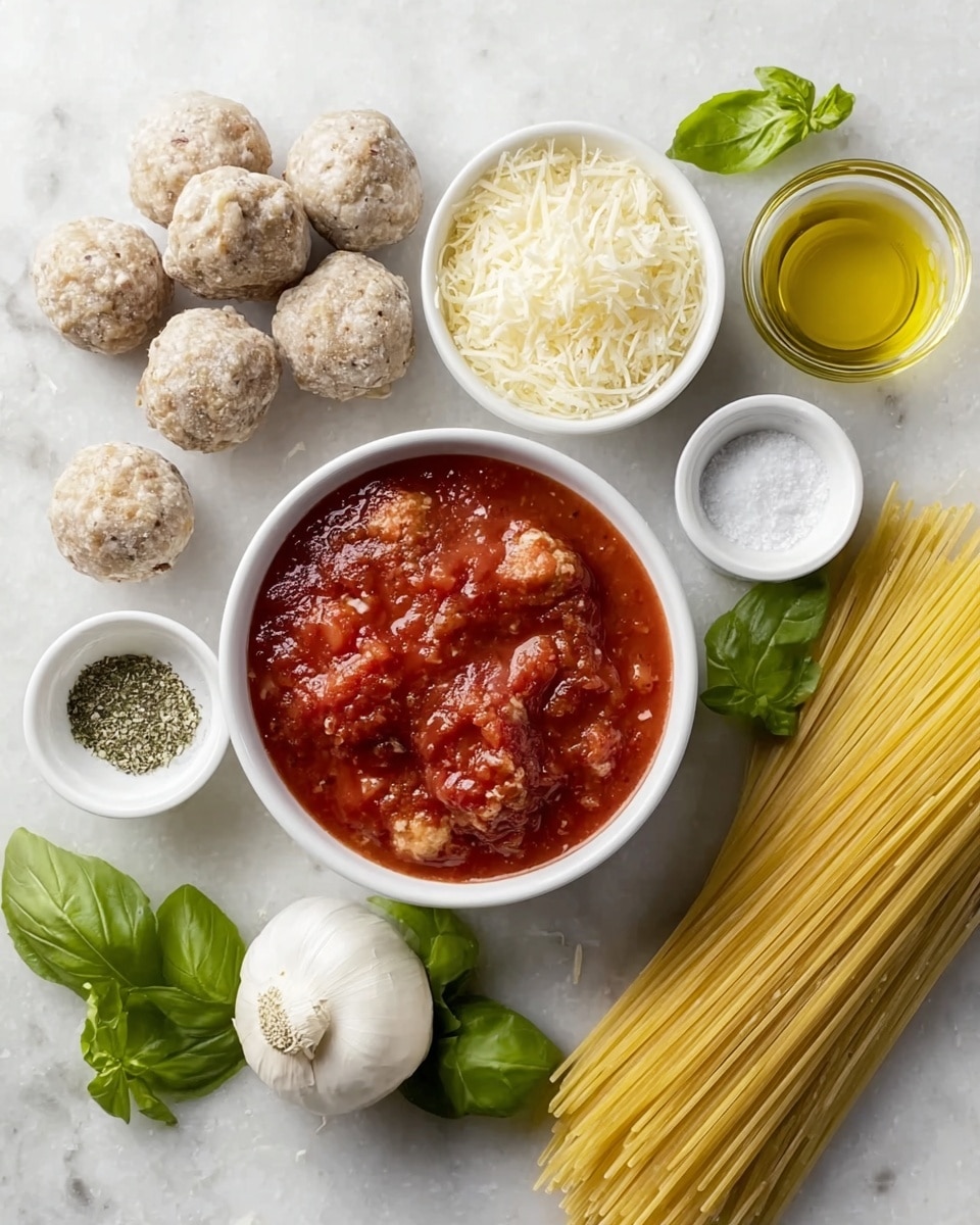 The image shows several ingredients arranged neatly on a white marbled surface. At the center, there is a white bowl filled with thick red tomato sauce with visible chunks. Surrounding it are several raw meatballs in light beige color, a bundle of uncooked yellow spaghetti pasta, and a white bowl filled with grated light yellow cheese. Additionally, there are small white bowls holding coarse white salt and dried green herbs, a small glass bowl of golden olive oil, a fresh garlic bulb, and fresh green basil leaves scattered around. The overall layout is clean and organized, with each ingredient clearly visible. Photo taken with an iphone --ar 4:5 --v 7