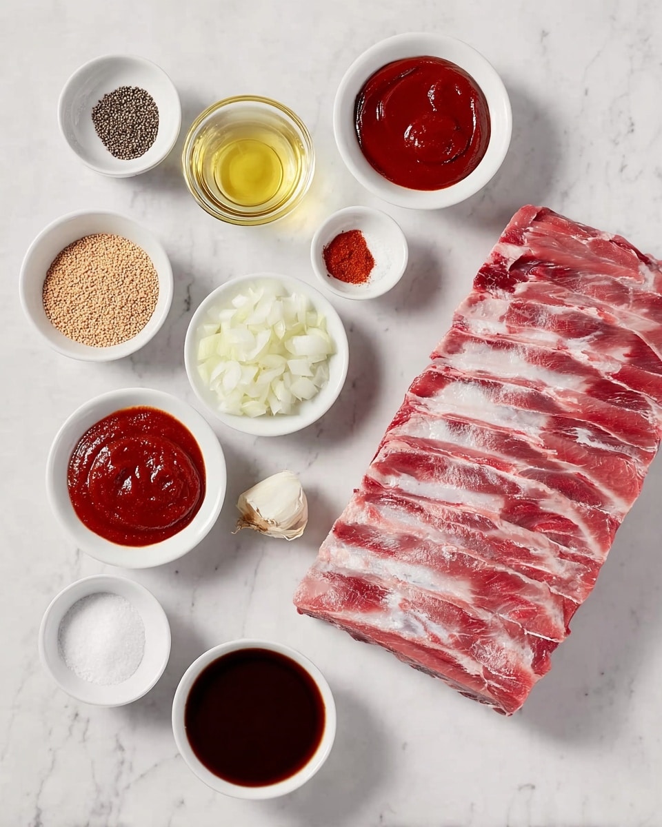 A large rack of raw ribs with a mix of red meat and white fat sits on the right side of the image on a white marbled surface. Surrounding the ribs on the left are eight small white bowls and containers holding various ingredients: light brown breadcrumbs, a mix of black and white peppercorns, clear oil, white chopped onions, bright red paprika powder, dark red barbecue sauce with a glossy texture, white granulated sugar, and beige garlic powder. The bowls are neatly arranged in a loose circle around the ribs, giving a clean and organized look. photo taken with an iphone --ar 4:5 --v 7