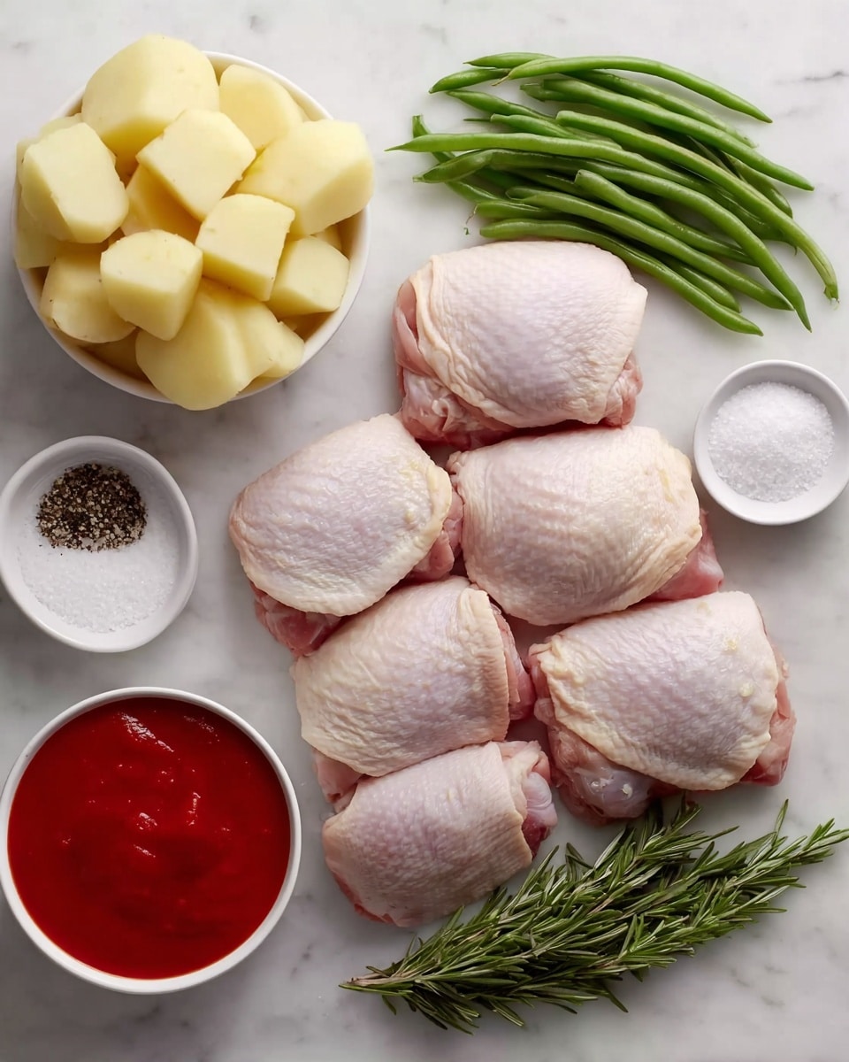 The image shows six pieces of raw chicken thighs arranged closely in two slightly diagonal rows on a white marbled surface. Above the chicken, there is a small bunch of fresh green beans with a firm texture and bright green color. To the left of the chicken, there is a white bowl filled with large chunks of peeled, light yellow potatoes. In the bottom left corner, there is a white bowl filled with bright red tomato sauce with a smooth texture. Above and below the tomato sauce are two small white bowls, one containing coarse white salt and the other filled with dry black pepper. Another small white bowl with more black pepper is positioned to the right of the chicken. Near the bottom right, there is a fresh green rosemary sprig with needle-like leaves. The whole layout is neat and placed against a white marbled background. photo taken with an iphone --ar 4:5 --v 7