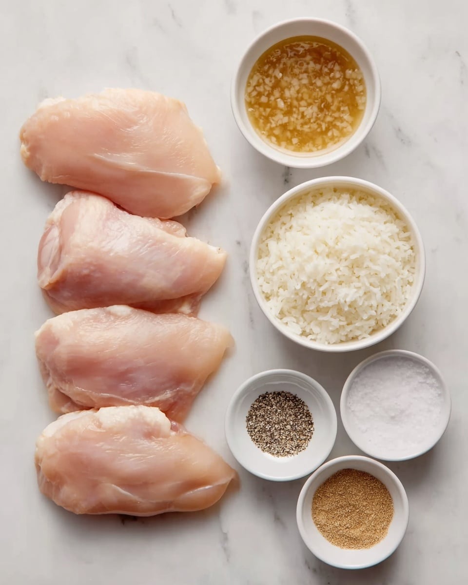 The image shows three raw pale pink chicken pieces placed side by side vertically on the left on a white marbled surface. To the right, there are five small white bowls arranged in two columns. The top left bowl contains a light brown textured sauce with small chunks. The top right bowl holds a clear liquid. Below the sauce is a bowl filled with white cooked rice with a fluffy texture. The bowl below the rice contains white salt and black pepper, divided evenly. The bottom left bowl has brownish dry powder seasoning. All the elements are spaced neatly and viewed from above. photo taken with an iphone --ar 4:5 --v 7