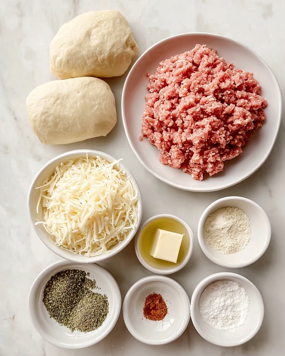 The image shows six white bowls and plates with different ingredients on a white marbled surface. There are two pieces of smooth, light beige dough placed side by side. A large white plate holds bright pink raw ground meat with a coarse texture. Next to it is a white bowl filled with shredded pale yellow cheese that looks soft and light. One small white bowl contains a cube of pale yellow butter sitting in liquid, and two other small white bowls hold dry spices – one with finely ground green herbs and the other with a reddish-brown powder. Another small white bowl contains a white powdery ingredient. The arrangement is neat and clear, showing all ingredients in separate containers. photo taken with an iphone --ar 4:5 --v 7
