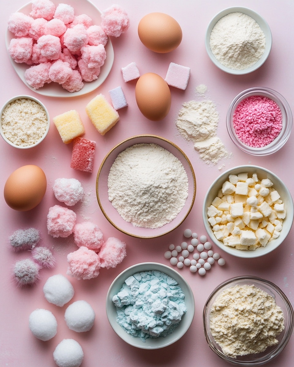 The image shows a close-up of three stacked cookies on a white plate. Each cookie is thick, cracked, and has a soft, crumbly texture with colors mainly in pink, with spots of blue and a bit of yellow. The top cookie is broken slightly, revealing a light, fluffy inside with the colorful bits dispersed inside as well. The overall look is vibrant with a mix of pastel colors and a sugar-coated surface adding a frosted effect. The background is a white marbled texture. Photo taken with an iphone --ar 4:5 --v 7