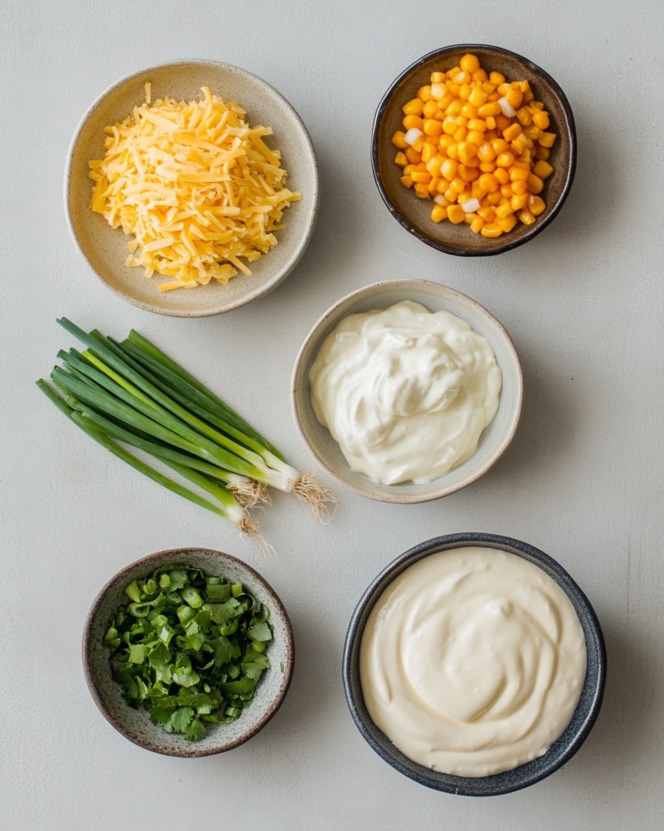 A white plate with two types of chips placed around a black bowl in the center filled with a creamy corn dip. The dip has several layers of light orange sauce mixed with yellow corn kernels and small green herb pieces, topped with a pile of bright yellow corn and sprinkled with white cheese and green herbs. The chips on the left are round and slightly curled with a speckled texture, while the chips on the right are triangular with a rough surface. The whole setup is on a white marbled texture surface. Photo taken with an iphone --ar 4:5 --v 7