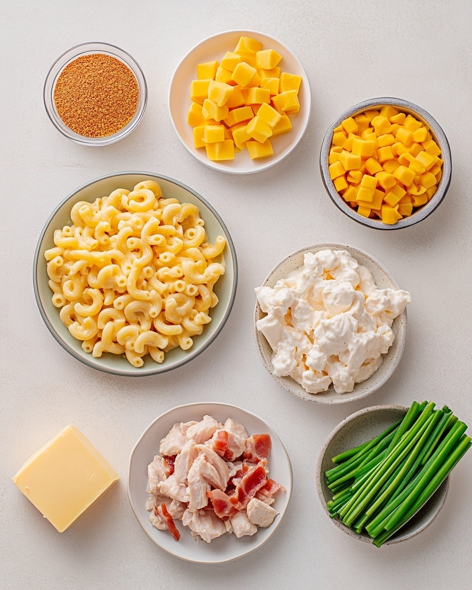This image shows a white baking dish filled with a creamy casserole. The dish has three main layers: a base layer of creamy mixture with visible small chunks, a middle layer covered in more cream and white sauce with some pieces showing through, and a top layer of melted bright yellow-orange cheese scattered with crispy bacon bits and small green onion pieces. The cheese looks soft and slightly shiny with some bubbling around the edges, while the bacon pieces are browned and crunchy. The casserole has a portion scooped out from the front right side, displaying the thick and creamy layers inside. The dish sits on a white marbled surface. photo taken with an iphone --ar 4:5 --v 7