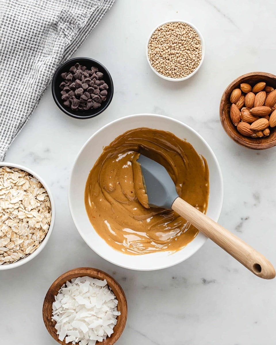 The image shows a white bowl in the center with a mix of peanut butter and honey, glossy and smooth in texture, with a gray spatula resting inside the bowl. Around the bowl, there are five measuring cups: at the top a black cup with ground flaxseed, to the right a small wooden cup with small dark brown chocolate chips, further right a wooden cup holding sliced almonds, to the left a black cup filled with rolled oats, and a small white bowl containing white coconut flakes. The entire scene is placed on a white marbled surface with a faint gray striped cloth visible in the upper left corner. photo taken with an iphone --ar 4:5 --v 7