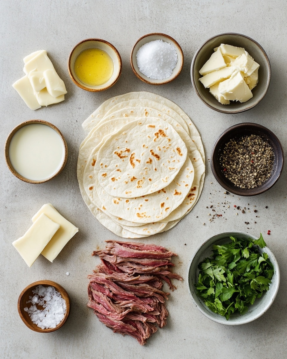 Four rolled tortillas are stacked on a white plate, each filled with shredded brown meat and melted white cheese oozing out. The tortillas are golden brown with darker toasted spots, showing a soft and slightly crispy texture. Fresh green herbs are sprinkled on top and around the plate. In the background, there is a blurred white bowl. The setting has a white marbled surface. Photo taken with an iphone --ar 4:5 --v 7