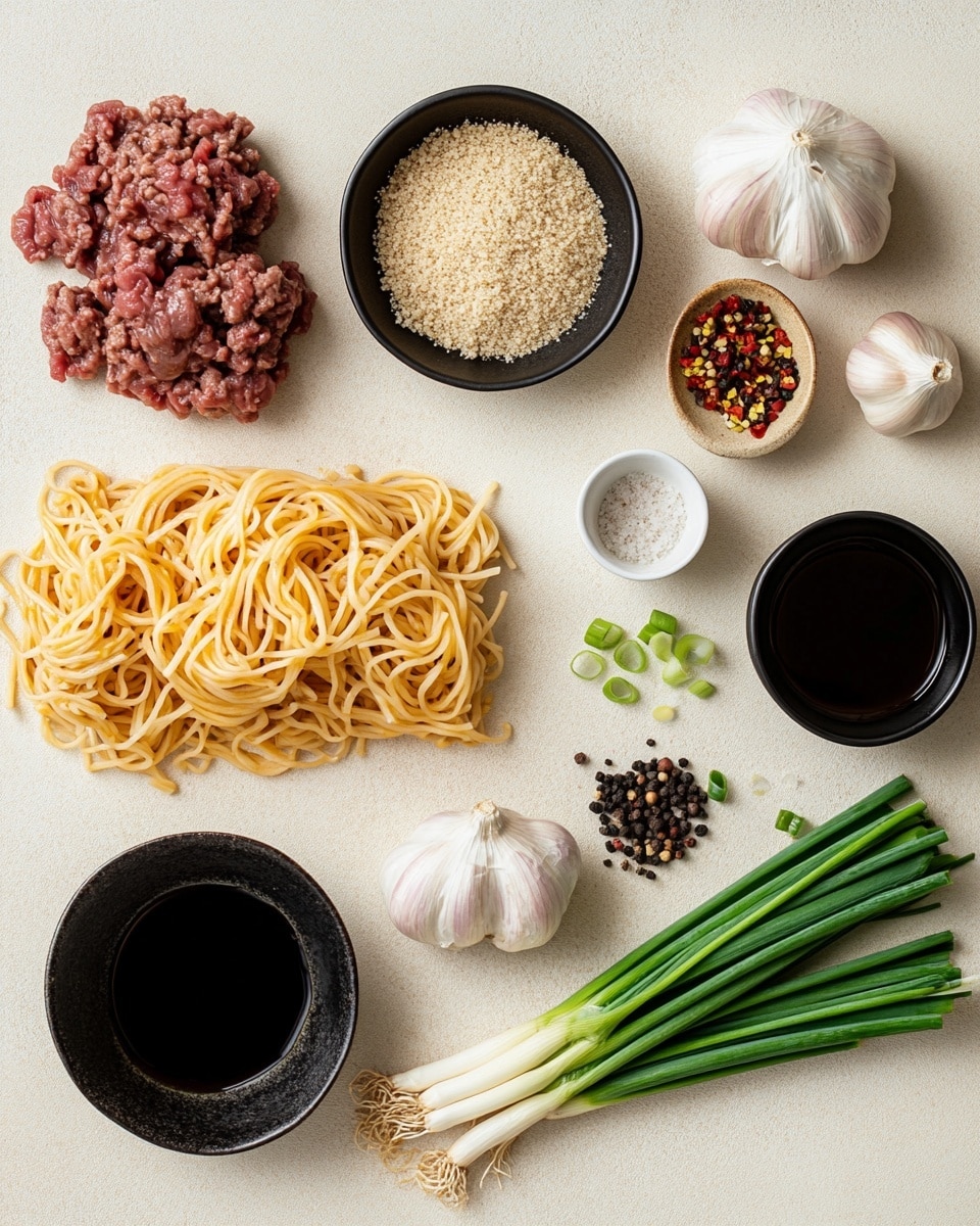 A bowl of noodles mixed with minced meat sauce, with a dark brown sauce coating soft, twisted noodles that look glossy and tender. The dish is topped with chopped green onions and sprinkled white sesame seeds, all inside a white bowl with a textured finish. Two wooden chopsticks rest on the edge of the bowl on a white marbled surface. In the background, there is a small white bowl with more green onions and a small bowl with sesame seeds, a soft beige and white striped cloth is partially visible nearby. Photo taken with an iphone --ar 4:5 --v 7