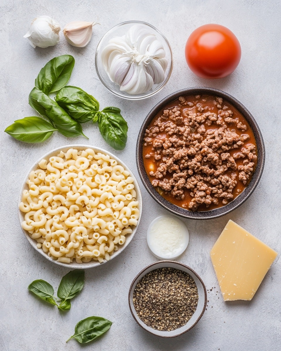 A white pot filled with cooked elbow macaroni mixed evenly with ground meat in a thick reddish-brown sauce. The pasta and meat mix form a single textured layer inside the pot with a wooden spoon stirring or lifting a portion from the right side. The pot sits on a white marbled surface partly covered by a wrinkled white cloth. The image is bright with natural light highlighting the glossy sauce and the curves of the pasta photo taken with an iphone --ar 4:5 --v 7