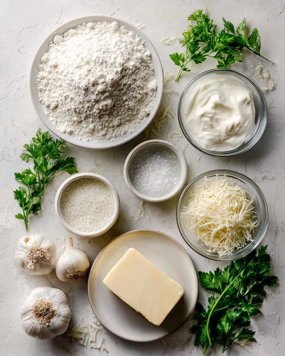 This image shows an overhead view of several cooking ingredients arranged on a white marbled surface. In the center left, a white bowl filled with white flour takes up significant space. To its right, there is a clear glass bowl with thick white cream. Above this is a small white bowl with coarse sea salt, and next to it a small white bowl with fine white powder, likely seasoning. Below the cream, a small white bowl holds shredded white cheese. Near the bottom center, a white plate has a block of pale yellow butter. To the left of the butter, whole garlic bulb rests on the surface, and above it, a small white bowl contains peeled garlic cloves. Fresh green parsley sprigs sit in the top left and bottom right corners, adding color contrast to the scene. The lighting is bright and soft, enhancing the natural textures and colors of the ingredients. Photo taken with an iphone --ar 4:5 --v 7