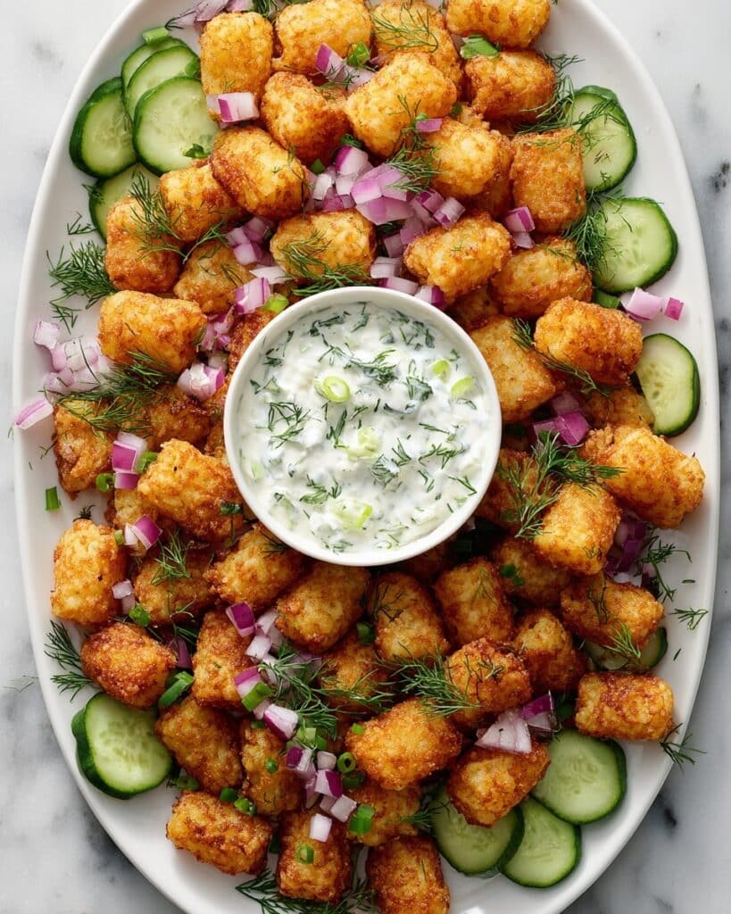 Smashed Tater Tot Salad with Dill Pickle Yogurt Dressing Recipe