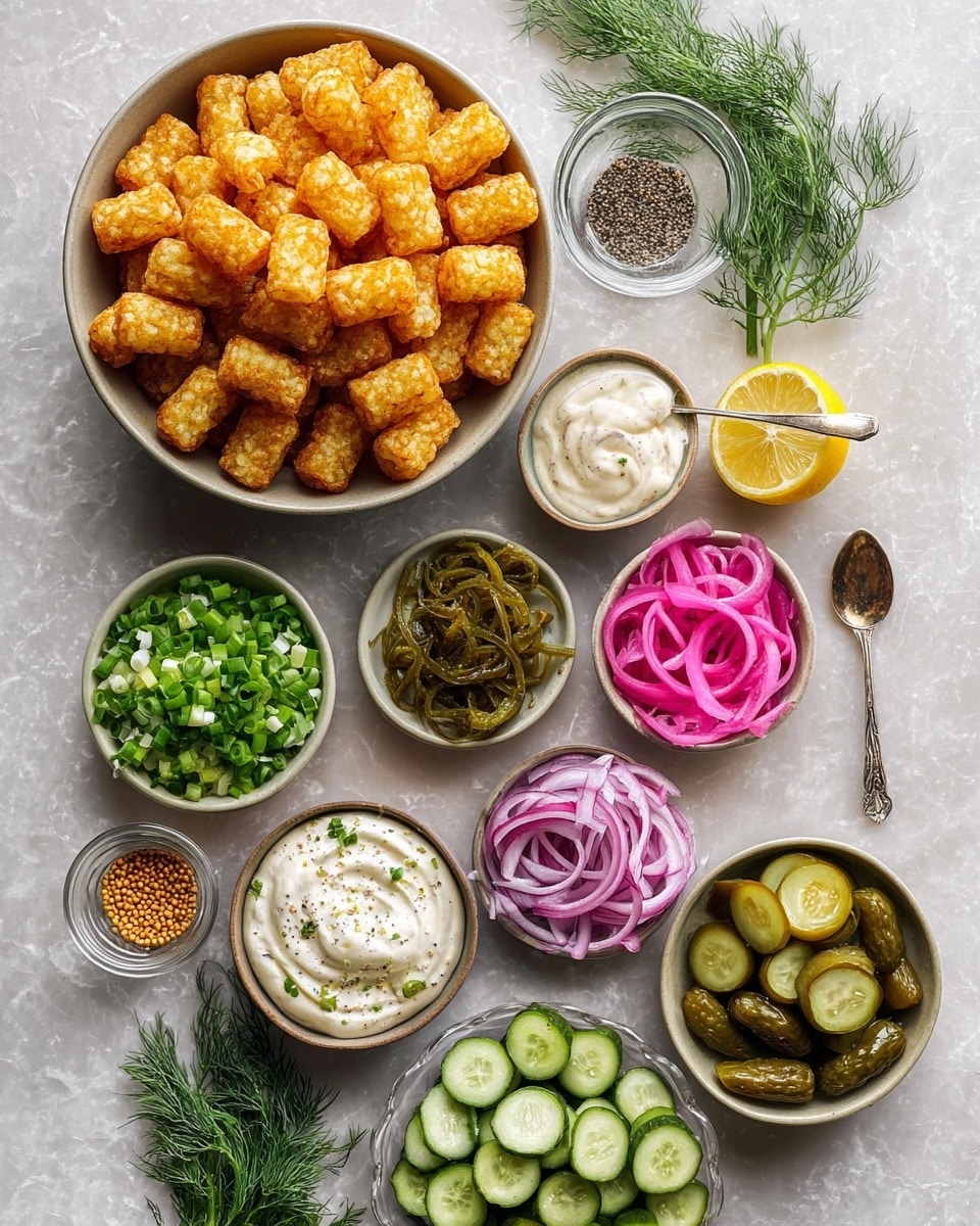 A large bowl filled with golden-brown crispy tater tots sits at the top left on a white marbled surface. Surrounding it are small bowls containing chopped green onions, sliced purple onions, dill pickles, creamy white sauce with herbs, mayonnaise, bright pink pickled onions, sliced green cucumber rounds, and chili powder. There is a half lemon, fresh dill sprigs, and a small glass bowl with mustard seeds and a spoon. The colors are vibrant, with the golden tater tots contrasting against the green, purple, pink, and white ingredients, all arranged neatly from top to bottom. Photo taken with an iphone --ar 4:5 --v 7
