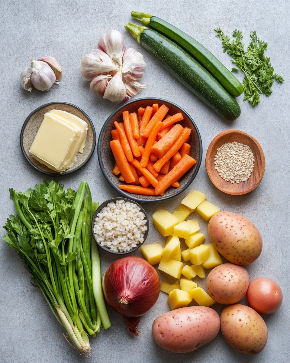 The image shows a brown bowl filled with a stew made of several layers: at the bottom is a rich, brown broth with a glossy texture; floating in the broth are chopped green zucchini pieces with a soft texture, orange carrot cubes, small red cherry tomato halves, and chunks of golden-yellow potatoes. On top of these vegetables are browned, crispy pieces of cooked meat sprinkled with fresh green herbs, adding a touch of freshness and color contrast. A silver spoon scoops up a chunk of potato and a piece of meat, highlighting the dish’s textures. A piece of crusty bread with a light golden crust and soft interior rests on the bowl’s edge. The background is a white marbled texture. Photo taken with an iphone --ar 4:5 --v 7