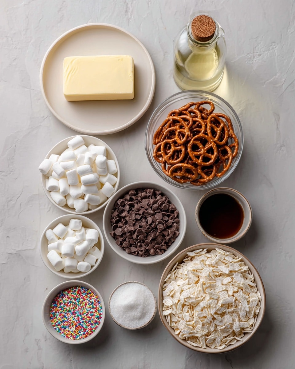 The image shows seven small white bowls and plates arranged on a white marbled surface, each holding different ingredients. At the top left, there is a white plate with a light yellow rectangle of butter. Next to it at top right is a clear glass bottle with a cork, filled with light golden liquid. Below the butter plate at the middle left is a white bowl full of small white marshmallows. To the right of the marshmallows is a clear glass bowl filled with twisted brown pretzels. Below the marshmallows is a small white bowl filled with dark brown chocolate chips. To the right of the chocolate chips, there is a larger white bowl filled with off-white puffed rice cereal. At the bottom left is a small white bowl filled with colorful round candy sprinkles, and next to it on the right is another small white bowl with dark brown liquid. The whole setting is neat and clean with soft natural lighting, photo taken with an iphone --ar 4:5 --v 7