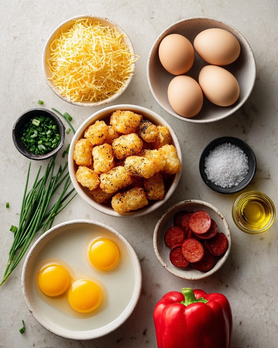 The image shows a clean layout of cooking ingredients on a white marbled surface. There are seven light brown eggs in a white bowl at the top right. Below that is a smaller white bowl holding several slices of reddish sausage. In the center left is a larger white bowl filled with golden, crispy tater tots sprinkled with black pepper. To the top left is another white bowl holding a heap of thinly shredded yellow cheese. Near the bottom center are four bright yellow egg yolks in a white bowl with egg whites. Fresh green chives, both whole and chopped, are placed on the left side with a small black bowl of coarse salt below them. At the bottom right sits a whole red bell pepper and a small glass container of yellow oil. The overall arrangement is neat and clear with soft natural lighting, photo taken with an iphone --ar 4:5 --v 7