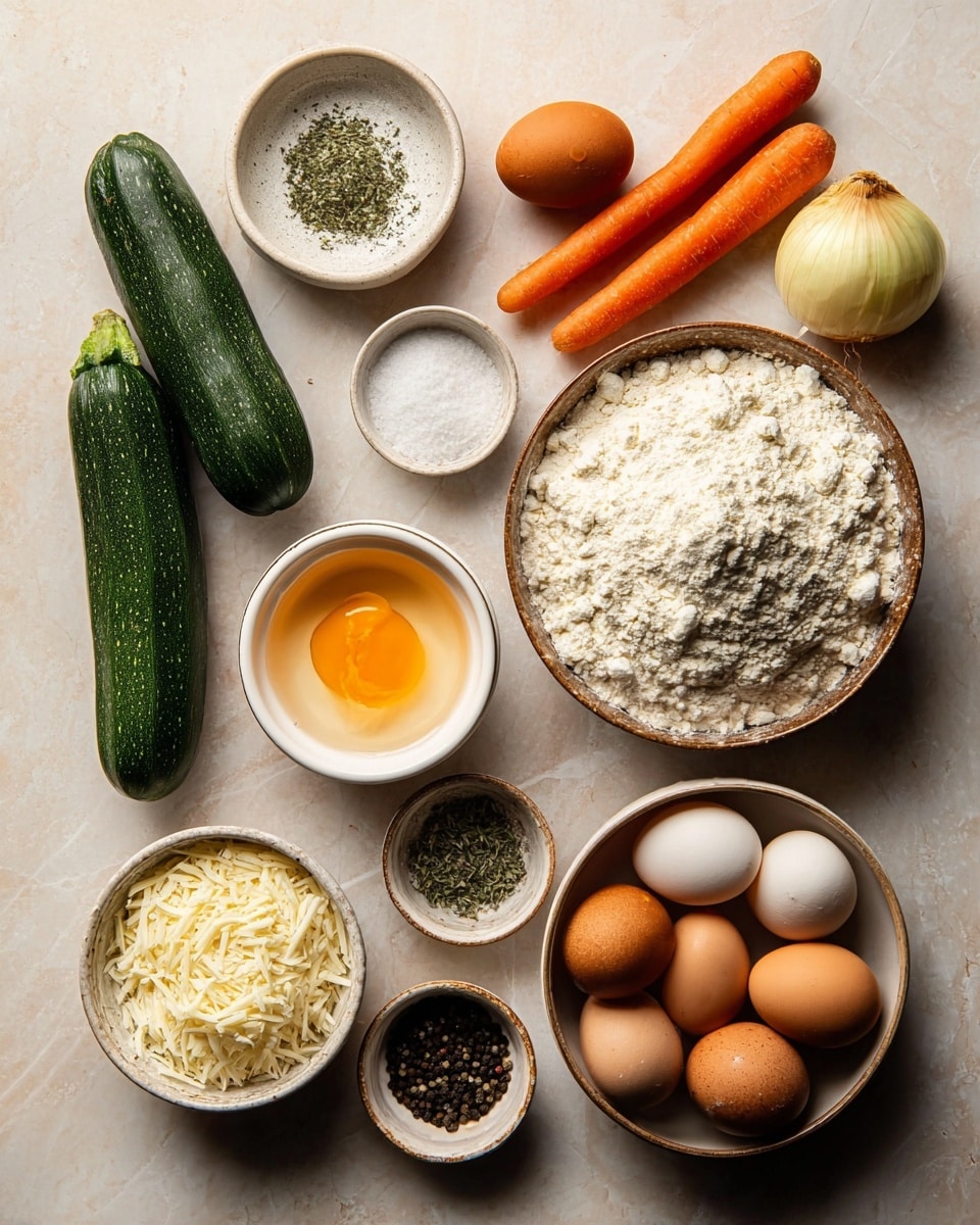The image shows various cooking ingredients laid out on a white marbled surface. There are two whole green zucchinis on the left side, above two bright orange carrots placed diagonally. A white bowl with a raw egg shows the yellow yolk clearly near the center-left. Nearby, three smaller bowls hold white powder, dark seeds, and green dried herbs. There is a small round bowl of coarse white salt and another small bowl with mixed whole peppercorns. Two bowls contain shredded white cheese, one slightly larger and above the other. A large bowl filled with flour sits on the right side, partly behind a smaller bowl holding four whole eggs of different browns and one pale eggshell. A whole yellow onion rests near the top right corner. The colors include warm whites, greens, oranges, and browns, with a clean, simple arrangement and soft natural lighting. photo taken with an iphone --ar 4:5 --v 7