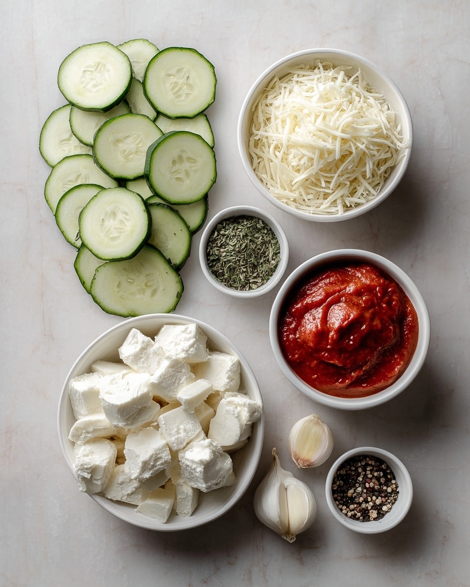 The image shows several food ingredients arranged on a white marbled surface. There is a neat pile of round green cucumber slices on the left side. At the top right, a white bowl holds shredded white cheese with a soft texture. Below it, another white bowl contains thick, red tomato sauce with a smooth, rich look. Next to the sauce is a small white bowl filled with green dried herbs. Below that is a larger white bowl filled with soft white cheese chunks. Two garlic cloves are placed between the bowls. At the bottom right, a small white bowl contains a mix of black and white pepper. The setup is clean and simple, with each ingredient visible and distinct. photo taken with an iphone --ar 4:5 --v 7