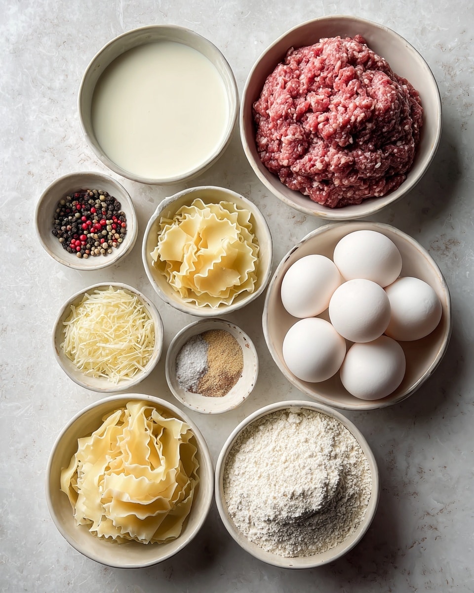 The image shows a top-down view of various ingredients arranged neatly in white ceramic bowls on a white marbled surface. There are nine main components: in the top right, a bowl of pinkish ground meat with a coarse texture; next to it on the left, a bowl filled with creamy white milk; to the right below the meat, two white eggs in a bowl; below the eggs, thin, pale yellow sheets of pasta with wavy edges folded in layers; underneath that, a bowl with grated pale yellow cheese strands; to the left of the cheese, a small bowl with a mix of black, red, and white peppercorns; above that, a larger bowl filled with a mound of white flour; near the flour, a small bowl containing light brown powdered seasoning with a few black peppercorns on top; and finally, in the bottom left corner, a bowl filled with seven smooth, peeled white eggs. All bowls are arranged closely without overlapping, set on a clean white marbled background. photo taken with an iphone --ar 4:5 --v 7