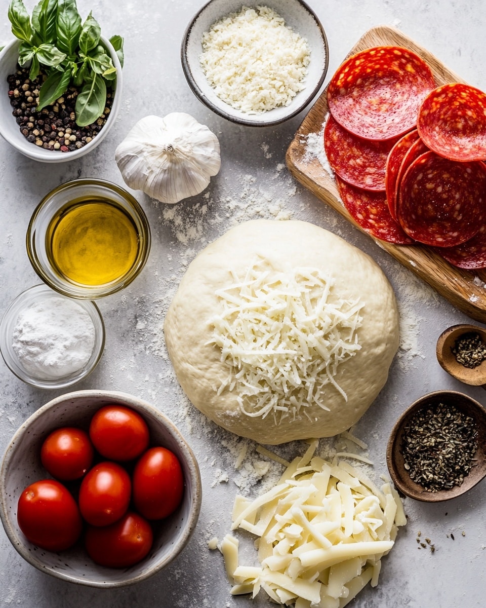 A round pizza with a thick, light brown crust sits in a black cast iron pan on a white marbled texture surface. The pizza has a base layer of melted white cheese covered with a layer of melted golden cheese. On top are evenly spread round, orange pepperoni slices that look oily and slightly browned, along with thin strips of green bell pepper and thin white onion slices scattered across the surface. Small green herbs are sprinkled over the pizza, adding a touch of contrast to the warm colors. photo taken with an iphone --ar 4:5 --v 7