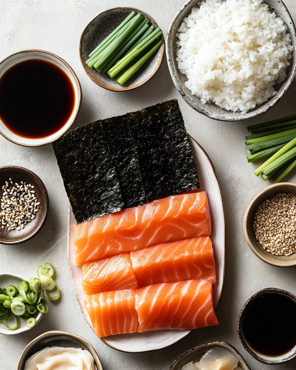 This image shows eight square sushi pieces arranged closely on a wooden board. Each piece has three clear layers: a bottom layer of white sticky rice, a thick middle layer of orange-pink cooked salmon with a slightly grilled texture, and a top layer with orange fish roe, chopped green onions, and dark sesame seeds. A dark brown sauce is drizzled over the salmon and pooled slightly on the wooden board below. In the background, there are a white bowl of dark soy sauce and a black bowl with red chili flakes, all set on a white marbled surface. Photo taken with an iphone --ar 4:5 --v 7