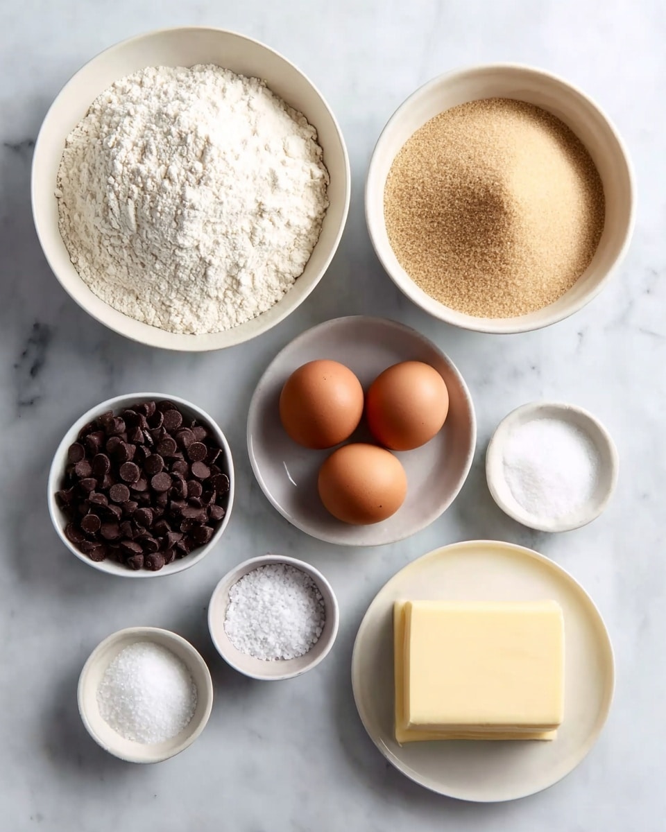 The image shows seven white bowls and plates arranged on a white marbled surface, each containing different baking ingredients. Starting from the top left, there is a large white bowl filled with a mound of white flour. To its right, a medium white bowl holds light brown sugar with a grainy texture. Below the brown sugar are three brown eggs placed closely together in a triangular shape. In the lower left corner, a small white bowl contains dark brown chocolate chips that are smooth and rounded. Above the chocolate chips, there is a small white bowl with white salt crystals. Next to the salt, a small white bowl holds fine granulated white sugar. On the far right bottom corner, a small white plate displays a solid block of pale yellow butter with sharp edges. The overall scene is clean and bright. photo taken with an iphone --ar 4:5 --v 7
