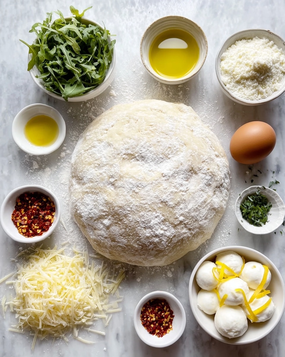 A large round ball of flour-dusted dough sits in the center on a white marbled surface, surrounded by small white bowls with various ingredients: bright green fresh arugula leaves in a bowl to the upper left, golden-yellow olive oil in a bowl near the top center, finely grated white cheese in the top right bowl, two brown eggs to the right, small chopped herbs in two small bowls on the right and left, a small bowl of shredded pale yellow cheese near the bottom left, a white bowl with red chili flakes in the center bottom, and a white bowl with several white mozzarella balls garnished with thin yellow lemon peel strips on the bottom right photo taken with an iphone --ar 4:5 --v 7