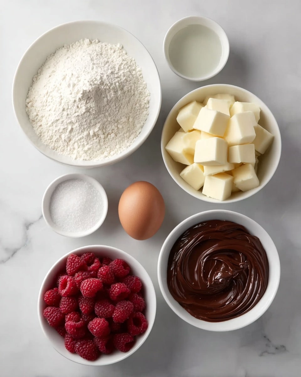 A top-down view of six white bowls and an egg arranged on a white marbled surface. At the center left, there is a large white bowl filled with a white powder, likely flour, forming a small mound. To its top right, a medium white bowl contains many small pale yellow cubes, stacked loosely. Above the flour bowl, two small white bowls sit side by side; one holds a clear liquid, and the other is filled with white granulated sugar. Below the flour, a small white bowl is full of bright red raspberries, looking fresh and plump. To the right of the raspberries, another small white bowl holds a smooth, shiny, dark brown chocolate spread with gentle swirls. Between the butter cubes and the chocolate bowl, a single brown egg stands upright on the marbled surface. Photo taken with an iphone --ar 4:5 --v 7