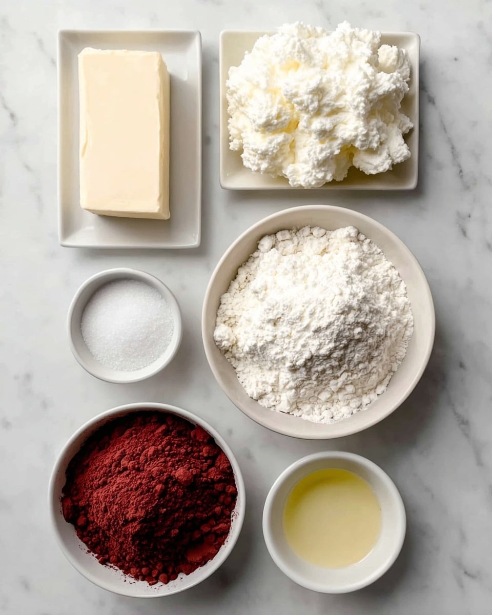 This image shows six white dishes on a white marbled surface, each containing a different baking ingredient. Starting from the top left, there is a rectangular block of smooth, pale cream-colored butter on a small plate. To its right, a rectangular dish holds fluffy, white whipped cream piled high with soft, cloud-like texture. Below the butter is a small round dish filled with fine white granulated sugar. The large round bowl in the center is heaping with finely sifted white flour, forming a soft mound. To the bottom left, another round bowl is filled with deep red-brown cocoa powder with a powdery texture. Finally, to the bottom right, a small bowl contains a pale yellow liquid, likely a clear oil. The dishes are evenly spaced and neatly arranged on the white marbled surface. photo taken with an iphone --ar 4:5 --v 7