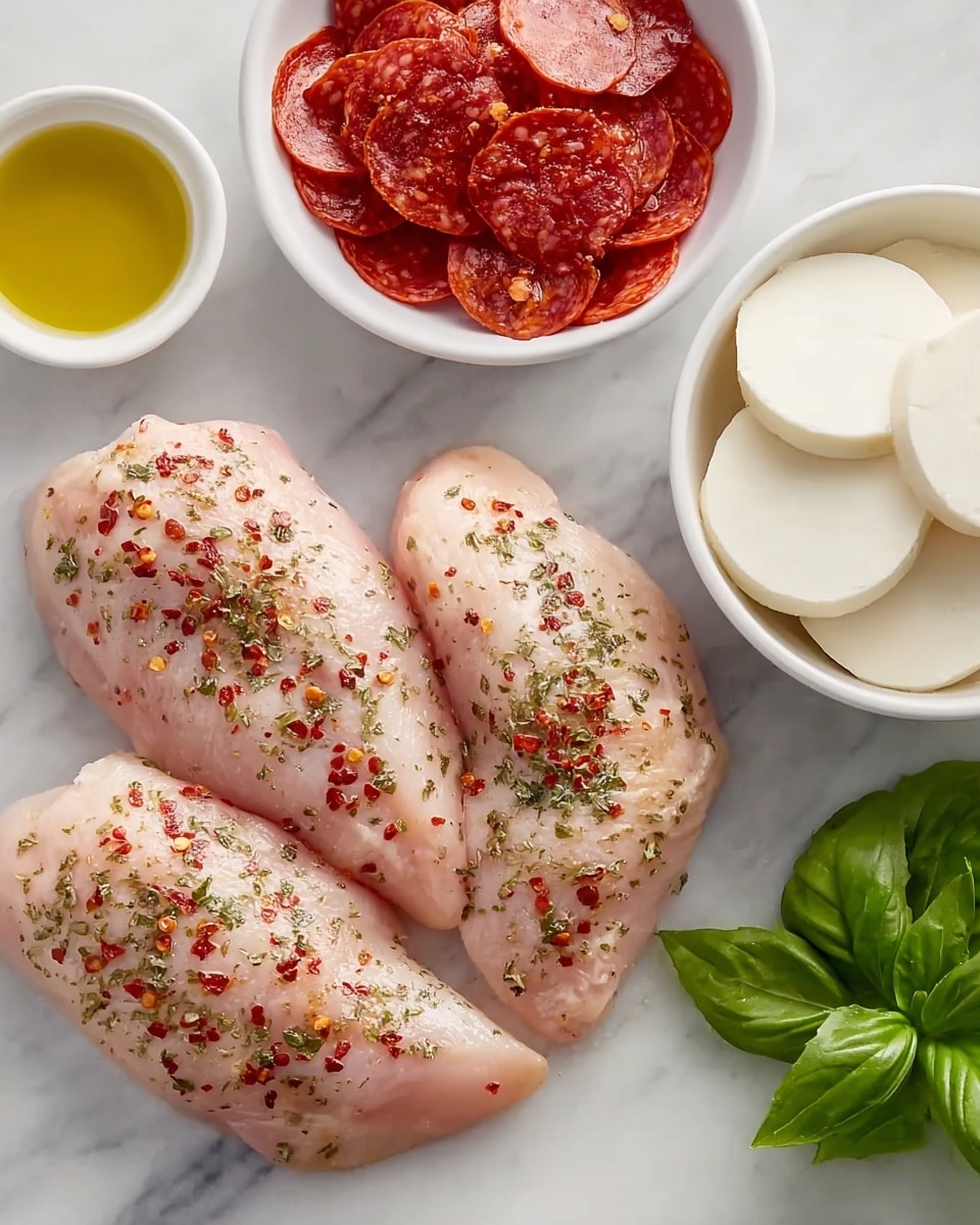 Three pieces of raw chicken seasoned with red pepper flakes and herbs lie on a white marbled surface. To the upper left, a small white bowl holds bright red pepperoni slices over a chunky red sauce. Next to it, a small white dish contains golden olive oil. To the upper right, a white bowl is filled with smooth, round slices of white cheese. Fresh, bright green basil leaves rest to the bottom right of the chicken. The photo taken with an iphone --ar 4:5 --v 7
