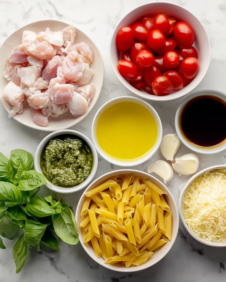 Several white bowls and a plate are arranged on a white marbled surface. One white plate on the left holds pieces of raw pale pink chicken with some white fat. Above it, a white bowl is filled with bright red cherry tomatoes. A white bowl in the center contains yellow olive oil. Below that, there is a white bowl full of uncooked yellow penne pasta. On the right side, three smaller white bowls hold green pesto sauce, shredded pale yellow cheese, and dark brown balsamic vinegar. Fresh green basil leaves and two peeled white garlic cloves are on the surface next to the bowls. Photo taken with an iphone --ar 4:5 --v 7