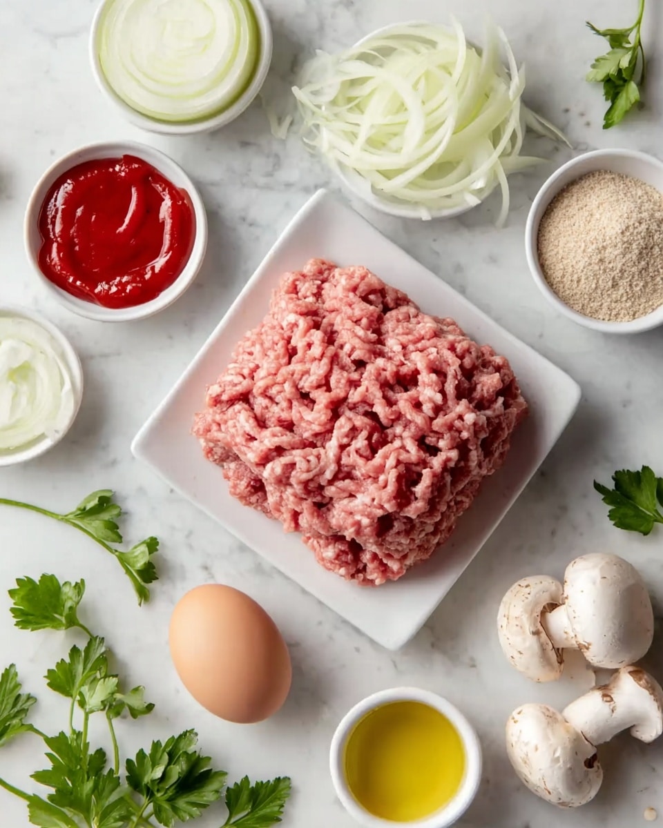The image shows a pile of raw ground meat with a light pink color and a soft, textured surface placed in the center on a small white square plate. Surrounding the meat are small white round bowls and other ingredients arranged on a white marbled surface: thinly sliced white onions in two bowls on the bottom left and right, a smooth golden-yellow liquid likely oil in a small white bowl at the bottom center, a light brown egg to the right of the meat, two whole white mushrooms with beige spots and stems on the top right of the meat, a small bowl of light-colored dry breadcrumbs on the top left, a bowl of bright red sauce on the far left, and sprigs of fresh green parsley scattered around. Photo taken with an iphone --ar 4:5 --v 7
