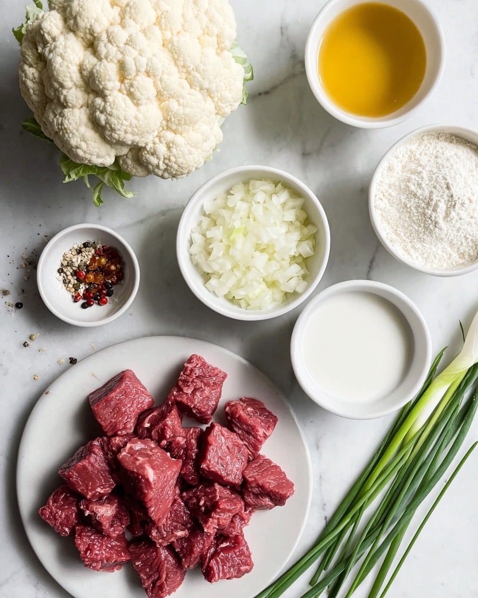 The image shows a top view of several white bowls and plates arranged on a white marbled surface. A white plate at the bottom left holds several pieces of raw, red meat cut into cubes with visible texture. Above it to the left is a whole head of white cauliflower with a bumpy surface. Small chopped white onion pieces fill a white bowl next to the cauliflower. In the center, there are three white bowls with different contents: a bowl with a golden-yellow liquid, a bowl of white powdery flour, and a bowl with a white liquid. To the top left, a small white bowl contains some spices including chili flakes and black peppercorns. On the right side, long green chives lie diagonally across the marble surface. Everything is neatly arranged and spaced out. photo taken with an iphone --ar 4:5 --v 7