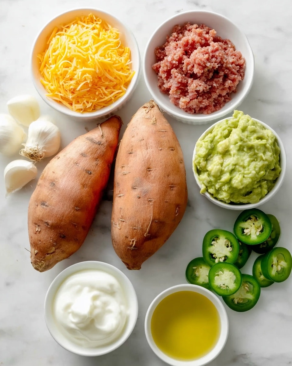 The image shows two whole sweet potatoes with a rough orange skin placed on a white marbled surface. Surrounding the sweet potatoes are six small white bowls: one with yellow shredded cheese; one filled with raw ground meat in a reddish sauce; one holding peeled garlic cloves; one containing golden yellow olive oil; one full of white sour cream or yogurt; and one with green mashed avocado. Next to the avocado bowl, there are several slices of fresh green jalapeño peppers. All items have clear textures and vibrant colors, arranged neatly and evenly spaced. photo taken with an iphone --ar 4:5 --v 7