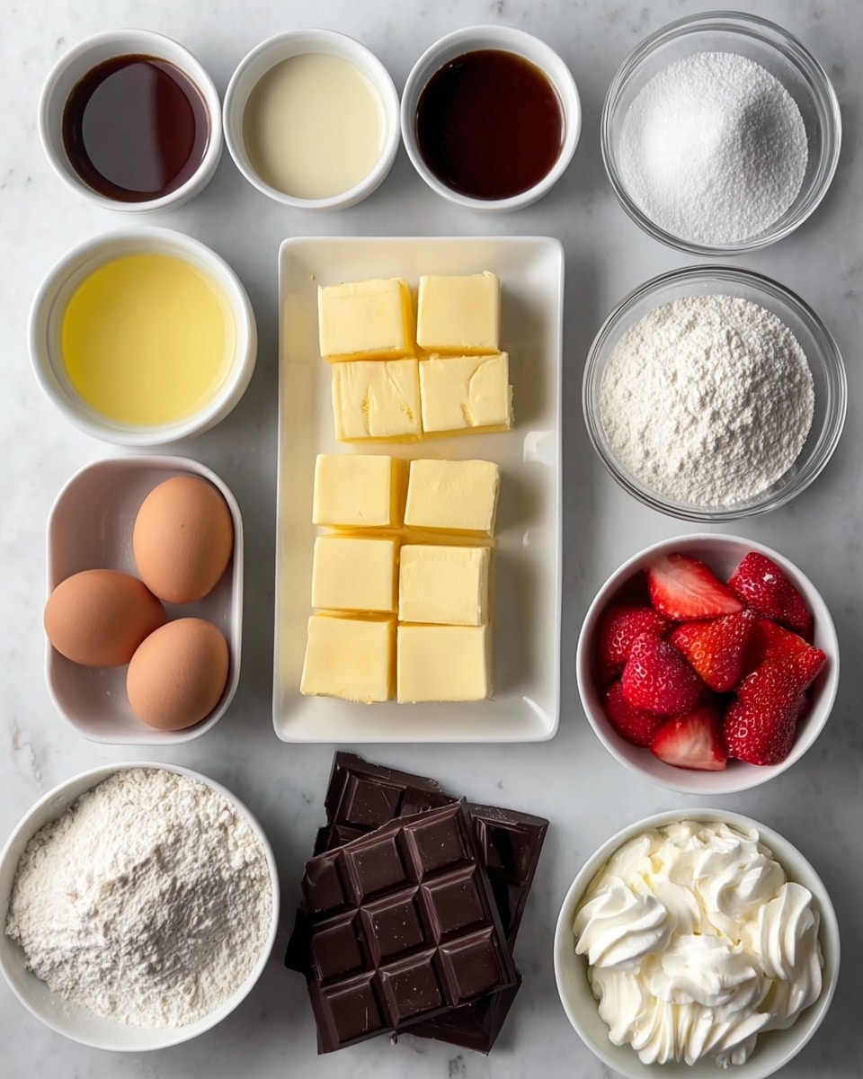 A top-down view shows several white bowls and a white rectangular dish arranged neatly on a white marbled surface. The rectangular dish is filled with square pieces of yellow butter in two layers, the top layer slightly offset. Above it are three white bowls containing light yellow liquid, white powder, and dark brown liquid from left to right. To the right of the butter, a clear round bowl holds granular white sugar, next to two brown eggs, and a white bowl filled with a white powdery substance. Below these, several dark chocolate bars with visible square segments are placed loosely in a small pile. At the bottom row, from left to right, a white bowl of white flour, a white bowl of whipped cream with soft, swirled peaks, and a white bowl with sliced strawberries displaying bright red and pink tones are neatly set. photo taken with an iphone --ar 4:5 --v 7