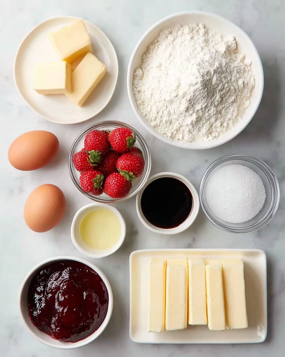 The image shows several ingredients arranged neatly on a white marbled surface. At the top left, three squares of pale yellow butter sit on a small white plate. Next to it, a large white bowl holds a mound of fine white flour. Below the flour, a small white bowl is filled with bright red strawberries with green tops. Two brown eggs are placed to the left side, close to a round clear glass bowl filled with white granulated sugar. In the center, a small white bowl holds a dark glossy liquid, likely vanilla extract or soy sauce. Below that, another small white bowl contains a pale yellow liquid, possibly oil or melted butter. At the bottom left, a white bowl is full of thick, dark red jam or fruit preserve. To the right, there is a white rectangular dish with several thick slices of cream-colored butter. Everything is clear and clean, arranged with even spacing, on a soft light background. Photo taken with an iphone --ar 4:5 --v 7