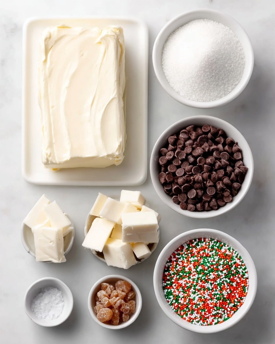 The image shows six white bowls and a block of cream cheese arranged neatly on a white marbled surface. At the top left is a thick rectangular block of cream cheese with smooth, creamy white texture. To the right of it is a bowl filled with fine white sugar granules. Below the sugar, a bowl is full of small dark brown chocolate chips with a smooth, shiny texture. Under the cream cheese, there is a small bowl with several white butter cubes stacked loosely. Next to it on the right side is a bowl filled with tiny round sprinkles in red, green, orange, and white colors, creating a colorful and textured look. At the bottom left corner, there is a tiny bowl holding small pieces of light brown crystallized ginger or similar item, giving a rough and chunky texture. A small pinch of salt is placed beside the tiny bowl. photo taken with an iphone --ar 4:5 --v 7