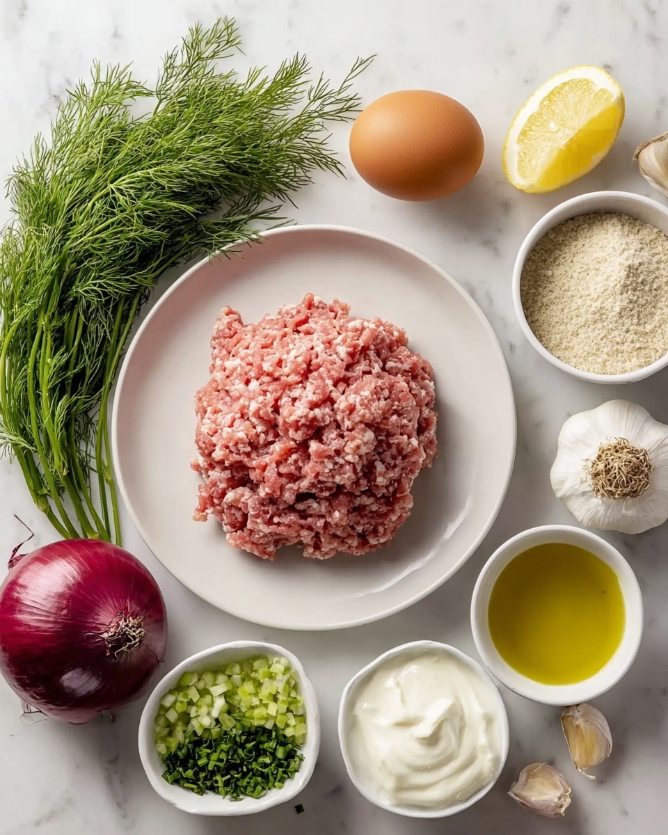 The image shows a white plate in the center holding a mound of pink ground meat with white fat mixed in, next to a bunch of green fresh dill on the left side of the plate. Around the plate, arranged on a white marbled surface, are a brown egg at the top, a small white bowl with light beige breadcrumbs to the right of the egg, a white bowl with thick white yogurt below the breadcrumbs, and a white bowl with golden olive oil below the yogurt. At the bottom left, there is a whole red onion, a small white bowl with light green chopped onion pieces next to it, and another small white bowl with mixed green herbs below the chopped onions. On the bottom right corner are a lemon half, a whole head of garlic, and two garlic cloves. Photo taken with an iphone --ar 4:5 --v 7