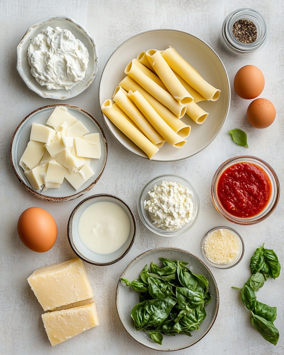 In a white rectangular baking dish on a white marbled surface, there are eight rolled pasta tubes arranged in two rows. Each pasta roll is filled with a white and green mixture, likely spinach and cheese, visible near the edges. The rolls are covered generously with a rich red-orange tomato sauce and a layer of melted, slightly browned white cheese on top, giving a smooth, bubbly texture. The sauce fills the bottom of the dish, surrounding the pasta rolls, and the cheese layer has small browned spots indicating it was baked to a golden finish. Photo taken with an iphone --ar 4:5 --v 7