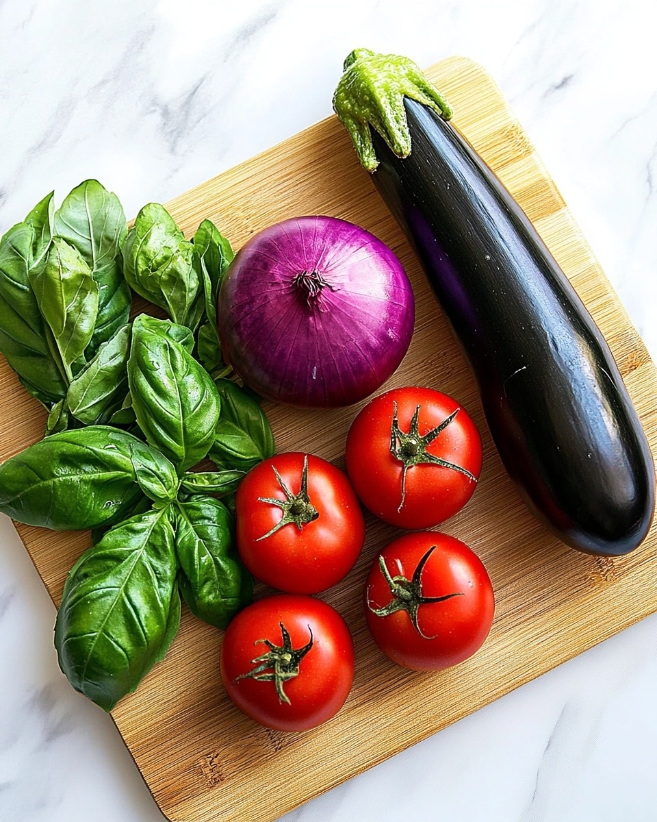 A wooden round cutting board holding fresh vegetables sits on a white marbled surface. On the board, two bright green zucchinis are placed side by side on the right. Next to them, a long, shiny deep purple eggplant stretches from the bottom to the top. To the left of the eggplant, there are three smooth red tomatoes and one large glossy red onion. On the far left, there are several fresh green basil leaves, adding a touch of leafy texture to the display. Photo taken with an iphone --ar 4:5 --v 7