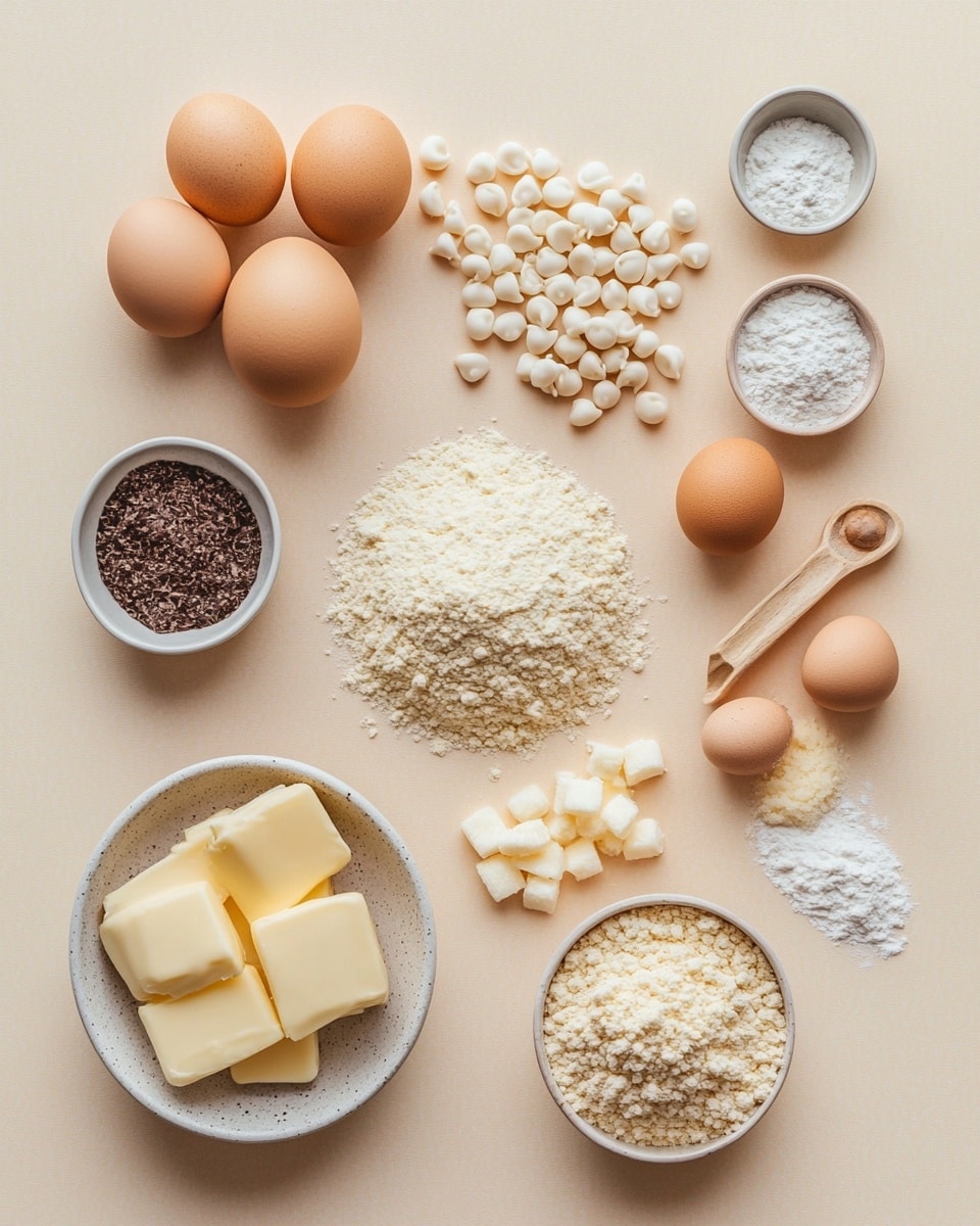 The image shows nine square blondies on a white plate with gently scalloped edges, placed on a white marbled surface. Each blondie has a golden-brown top layer that is slightly cracked, with several light brown cookie pieces placed on top, some whole and some broken, adding texture and detail. White chocolate chips are scattered unevenly on the surface, giving small creamy spots amid the golden tones. The blondies have a soft and thick middle layer, visible in some pieces that are lifted or angled to show the inside, which is a lighter golden color with embedded white chocolate chips. The white plate sits next to a striped cloth napkin in soft green and white colors. Photo taken with an iphone --ar 4:5 --v 7