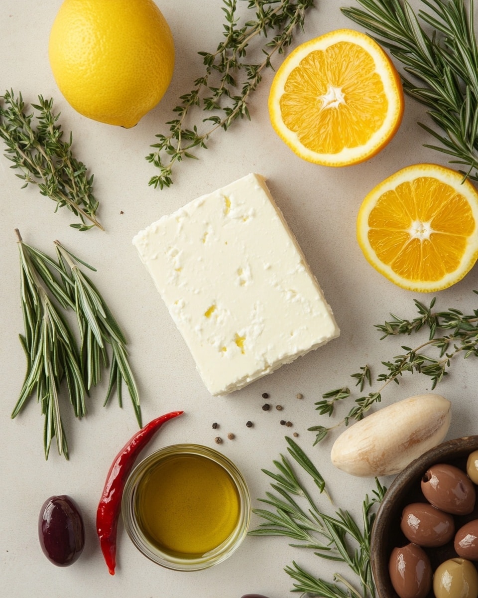 A white bowl sits on a round wooden board, filled with roasted vegetables including dark purple and green olives, and greens like parsley scattered on top. In the center, there is a thick round piece of white cheese with a golden-brown crust. A woman's hand holds a triangular toasted bread piece above the bowl while using a knife to spread a creamy white topping on the bread. The background shows blurred pieces of bread and another bowl with red cherry tomatoes. The surface beneath the board is white marble with grey veins. Photo taken with an iphone --ar 4:5 --v 7