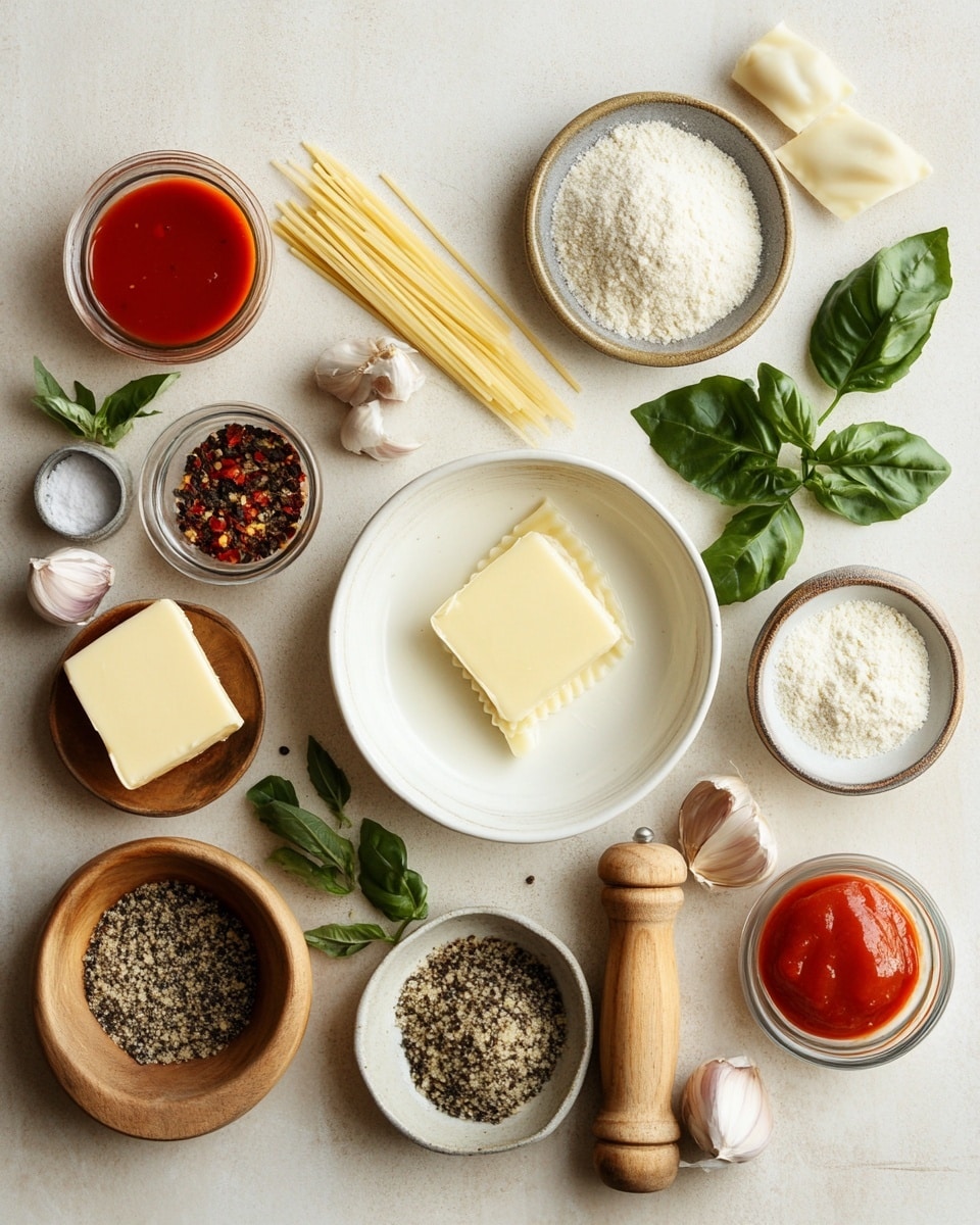 A white cast iron pot filled with square ravioli pasta pieces in a thick, creamy orange sauce with small red tomato chunks and green herb bits scattered evenly on top. The ravioli have a slightly ridged edge and a soft, smooth texture coated in the sauce. A metal fork with a wooden handle is lifting some ravioli from the pot. The pot is set on a white marbled surface with a white cloth under one side and a small bunch of fresh green basil leaves nearby. Photo taken with an iphone --ar 4:5 --v 7